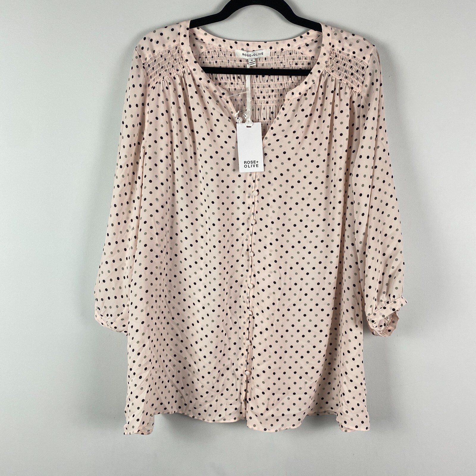 Rose + Olive Pink Polka Dot Blouse Size 1X Button Up 3/4
