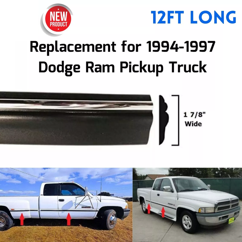 Black Chrome Side Body Trim Molding Replace for 1994-1997 Dodge Ram Pickup Truck