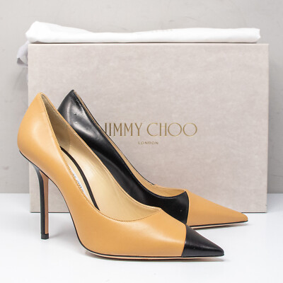 Jimmy Choo Love 100, Size 38 (8 US) Butter Rum & Black Asymmetric Heels