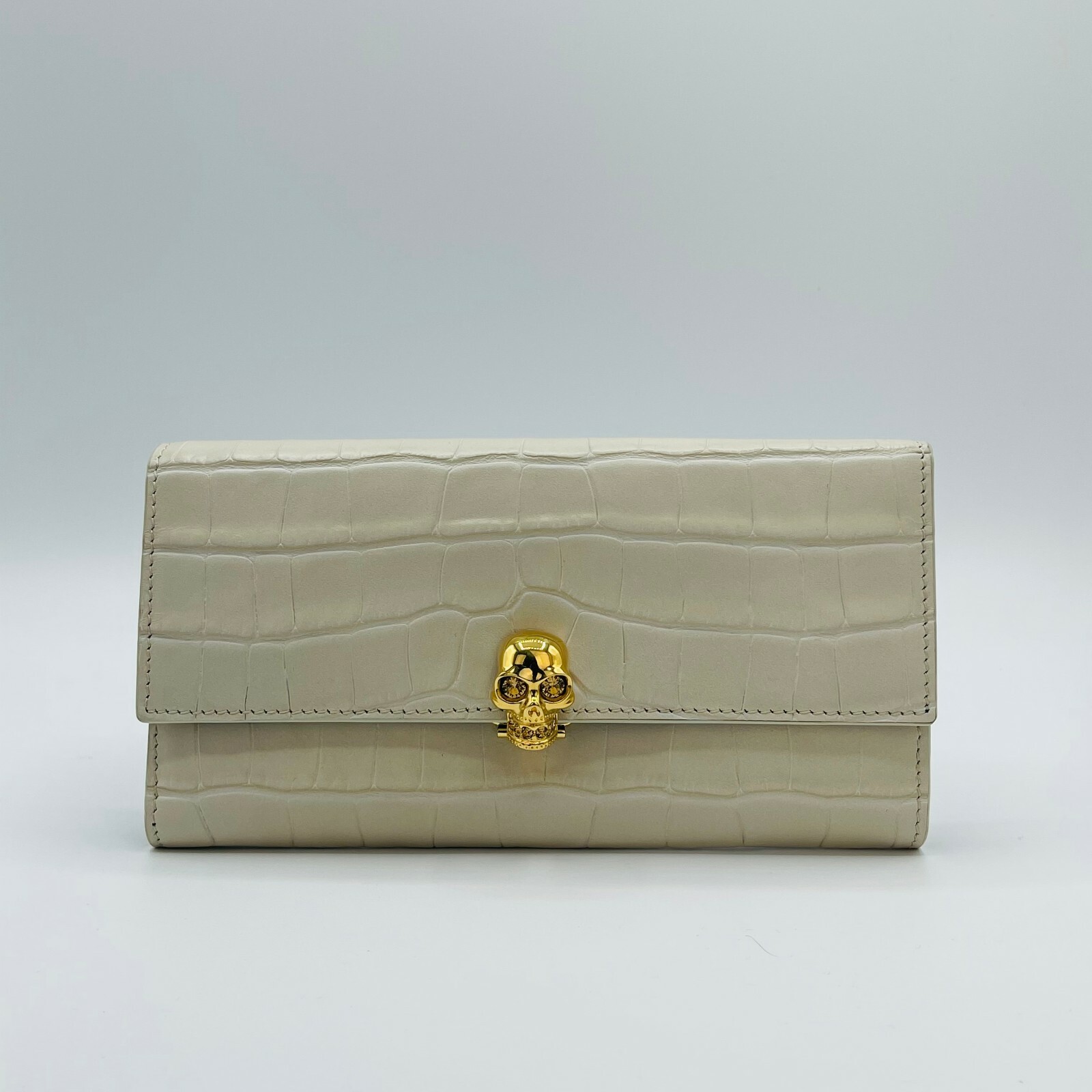 ★alexander mcqueen★ Crossover Strap Card Holder Beige Gray $675 Alexander McQueen Off White Croc-embossed Leather Skull