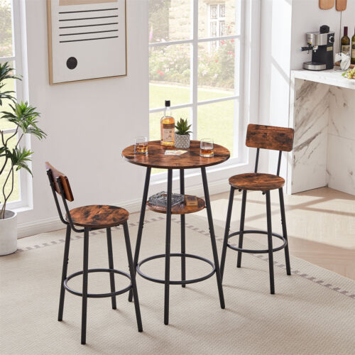 3-Piece Bar Table Set For 2, Small 2-Tier Round Bistro Pub Dining Table And Stools With Backrest, Counter Height Table And Chairs Set For Kitchen