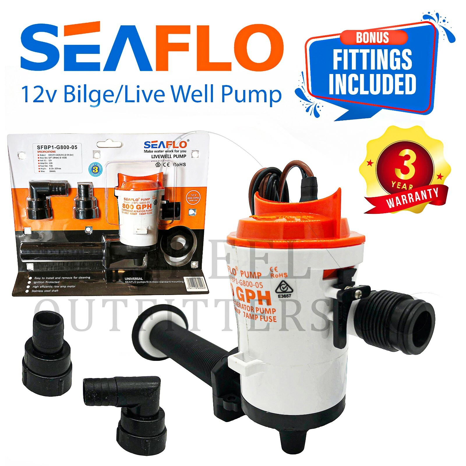 SEAFLO 12v 800GPH LIVEWELL Live Bait Tank Well Aerator Bilge Pump Kit