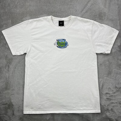 HUF Girl Skateboards Shirt Mens Large White Short Sleeve Graphic Skate Fish Y2K