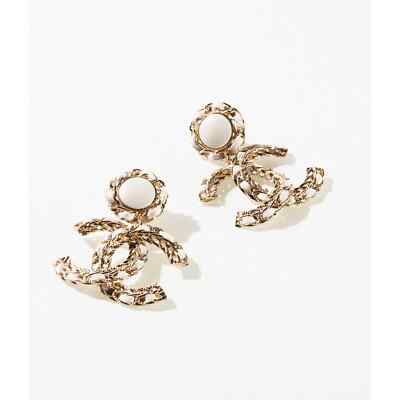Pre-owned Chanel 22s Xl White Leather Gold Cc Logo Chain Dangle Drop Statement Earrings