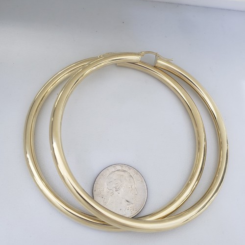 Pre-owned Handmade Extra Large Big Huge Thick Real 14k Yellow Gold Plain Hoop Earrings 3.50 Inches