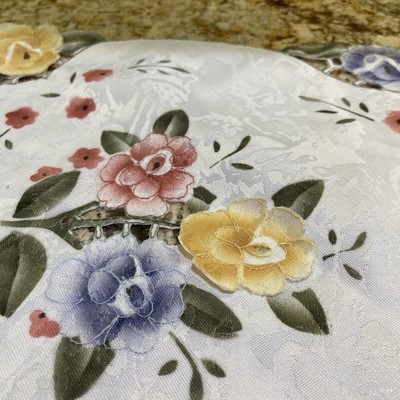 Beautiful Doily With Multi Color Pansies And Cutwork With A Damask Background