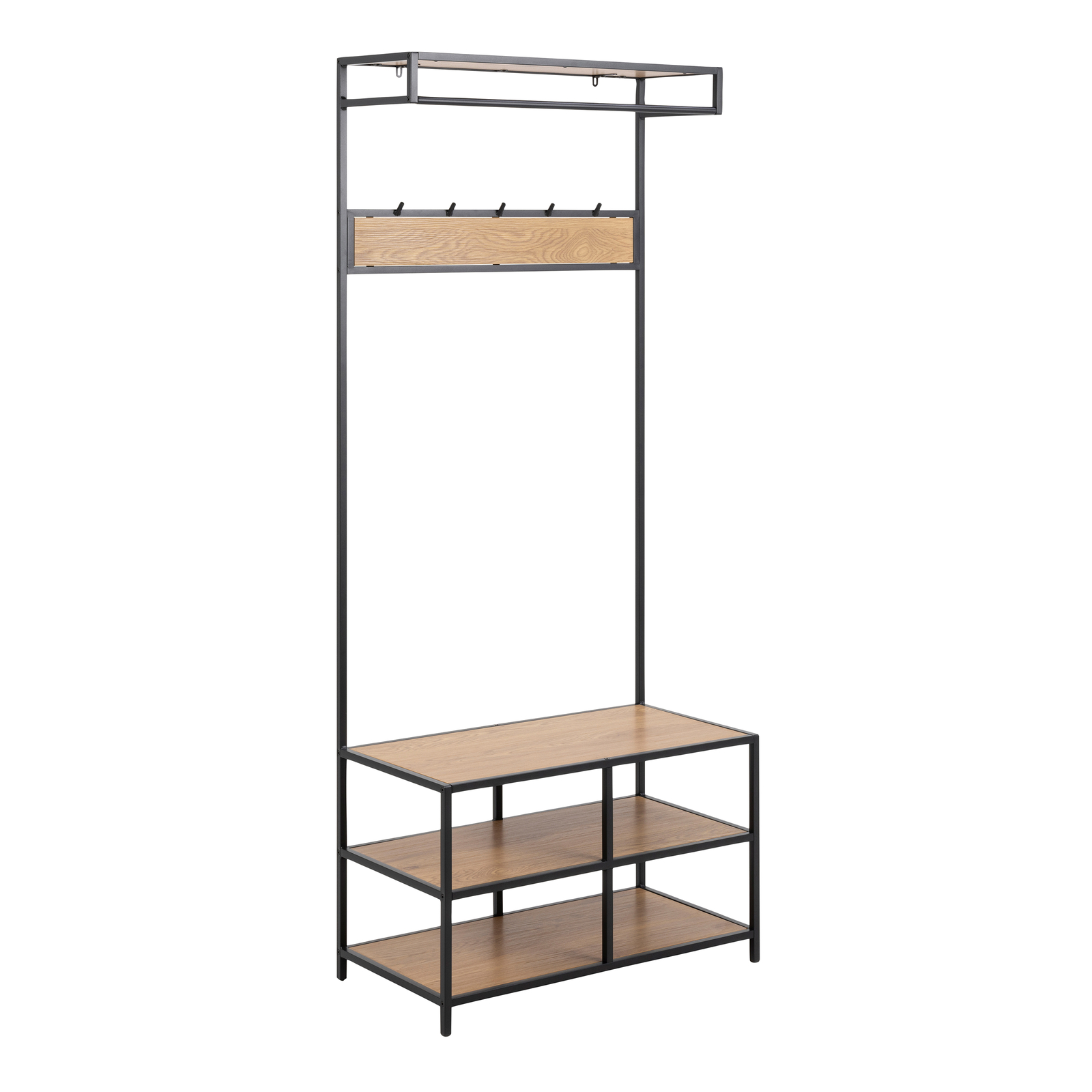 Coat Rack With 3 Shelves Black Frame Oak Finish Modern Organiser Storage