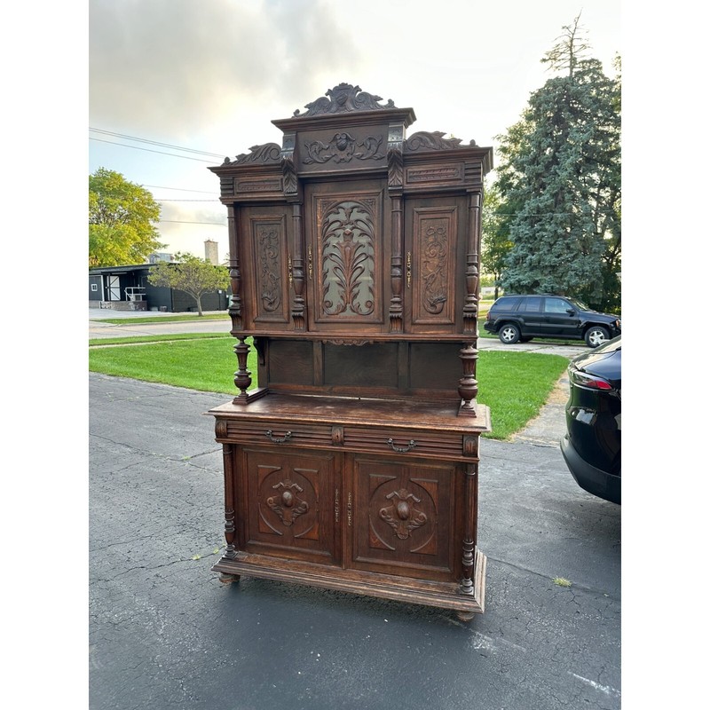 Antique 1900s French Carved Walnut Rococo Style Hutch Sideboard Server
