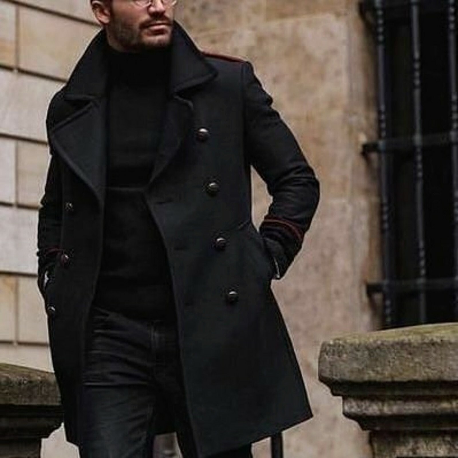 Pre-owned Handmade Mens Trench Coat Long Black Tweed Overcoat Winter Outwear Jacket Christmas Sale