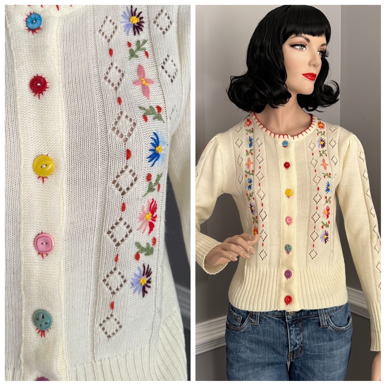 カーディガン us vintage 60s flower cardigan. Vintage 60s Cardigan Sweater Embroidered Flowers & Different