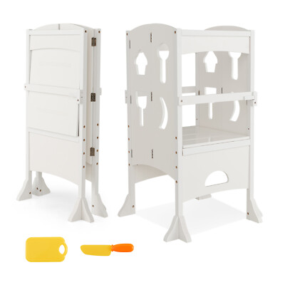 Folding Kitchen Kids Step Ladder Stool Wooden Toddler Safety Tower Helper White
