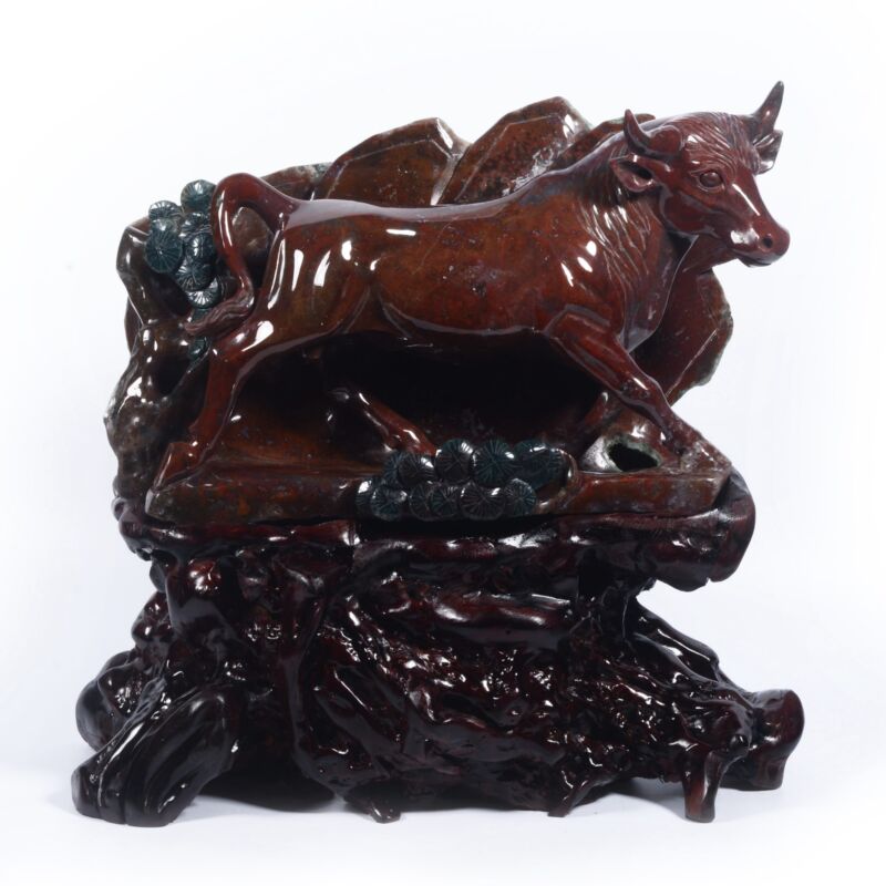 11.22"Natural Indian Agate Buffalo Carving Collectibles Decor Gift AW07