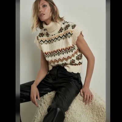 Zara Jacquard Knit Fair Isle Turtleneck Sweater Vest Size Small NWT