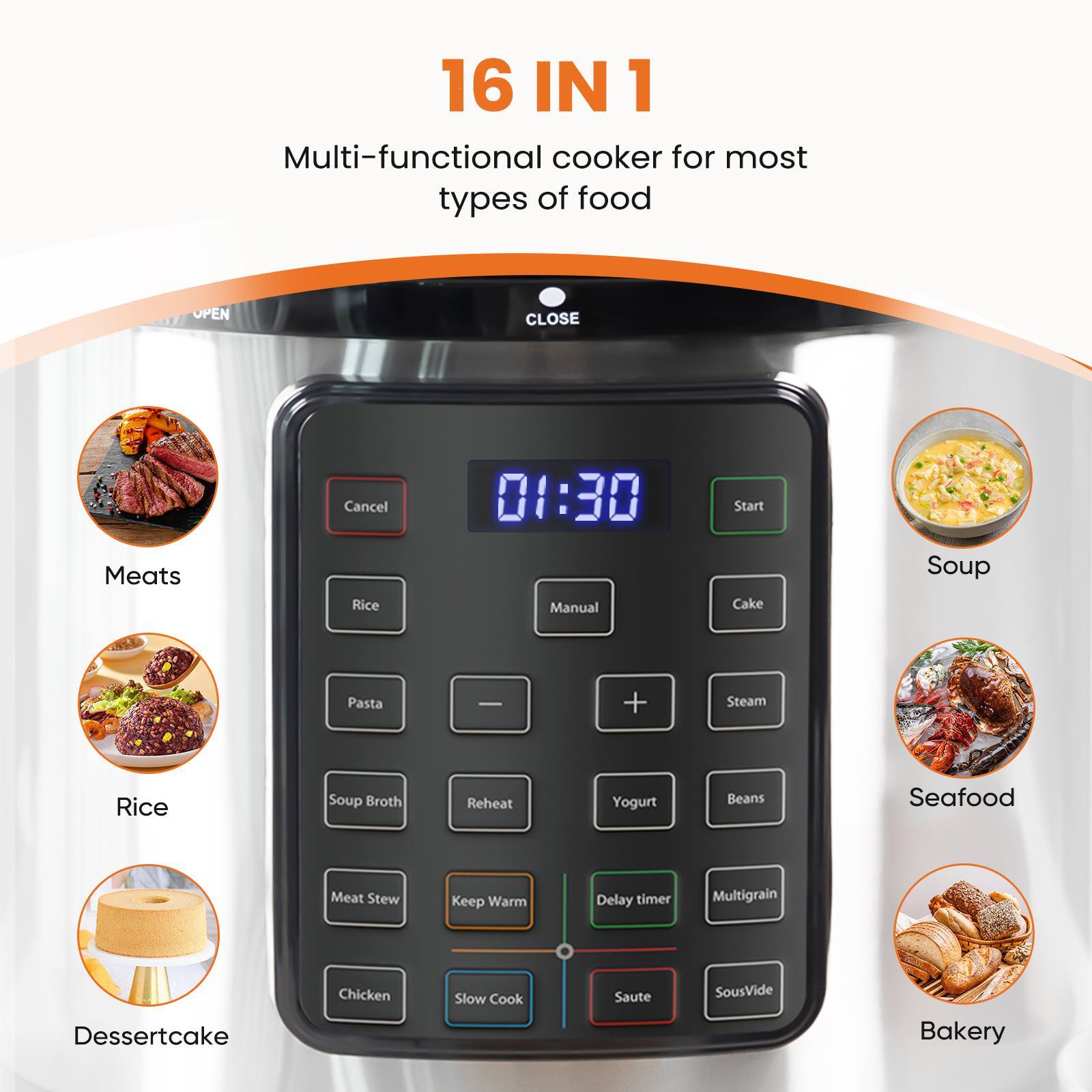 8 QT Electric Pressure 16-in-1 Multi-Functional Digital Cooker Stainless Steel