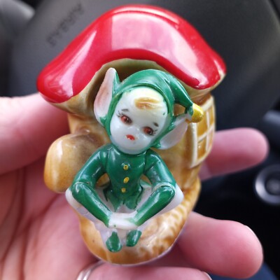 Vintage Pixie Elf Gnome And Mushroom Toothpick Holder. Marked Japan