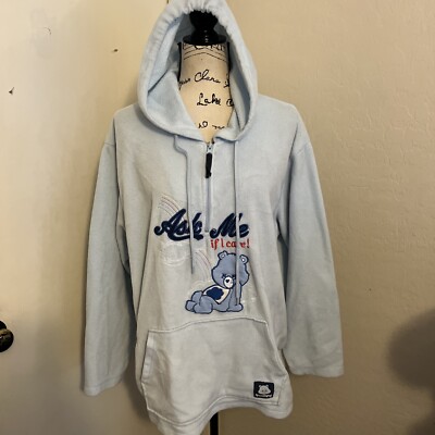 Care Bears Grumpy Fleece Hoodie Y2K Vintage ''Ask Me If I Care'' Blue Women s
