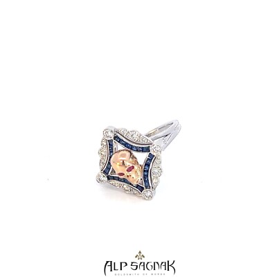 Alp Sagnak 14K White Rose Gold Art Deco Skull Ring Diamonds Sapphires Rubies