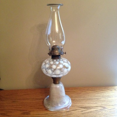 ANTIQUE Hobbs 1890’s Opalescent Coin Dot Spot Glass Kerosene Oil Lamp Victorian