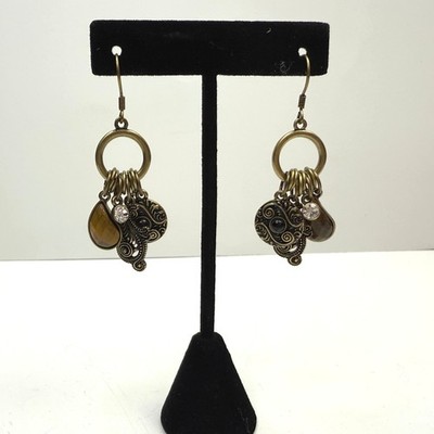 Dangle Drop Charm Earrings Bronze Tone Faux Stone Rhinestone Accent Jewelry 2 in