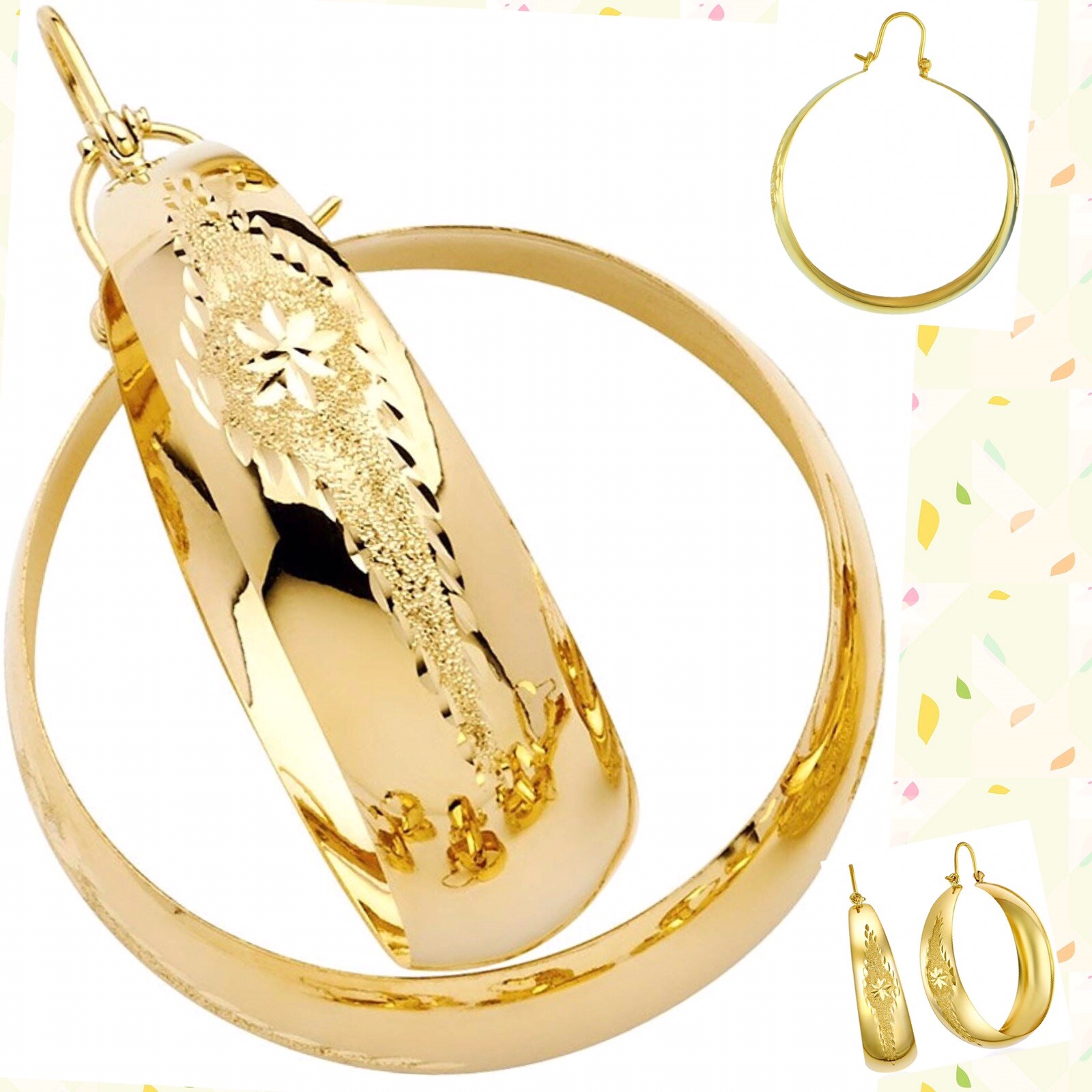 Pre-owned Handmade Gold 14k Hoop Earring Solid Thick Wide Round Diamond Cut 52x42mm 2” Big Large In Yellow
