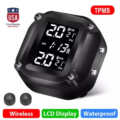 Motorcycle TPMS Tire Pressure Monitoring System with 2 Sensors LCD Display W5I0