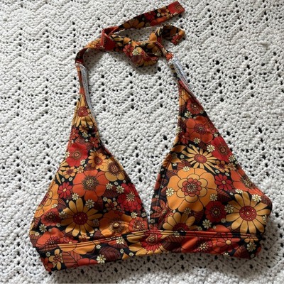 Yesterday People Floral Daisies 60s Style Halter Swim Bikini Top Orange (Small)
