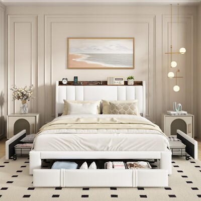 Queen Size Bed Frame with Type C USB C ,  Storage Headboard and Reading Light