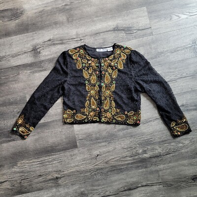 Night Vogue Vintage Evening Jacket Womens S Black Beaded Bejeweled Silk Jacket