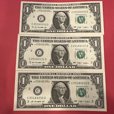 Lot of 3 2009 $1 FRN One Dollar Federal Reserve Notes Choice UNC 3#3# Set Consec