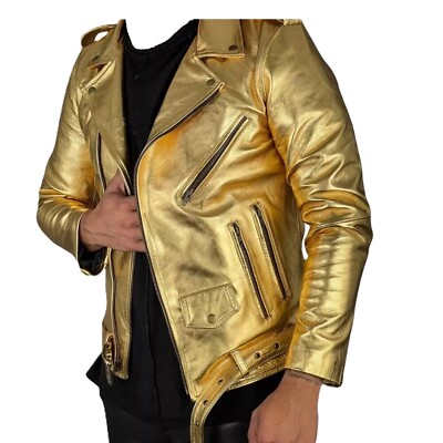 Men s Genuine Leather Golden Metallic Biker Jacket Handmade Belted Moto Jacket