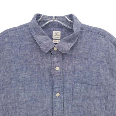 GIORDANO 100% Linen Shirt Blue Woven SLIM FIT Long Sleeve Button Up Men's LARGE
