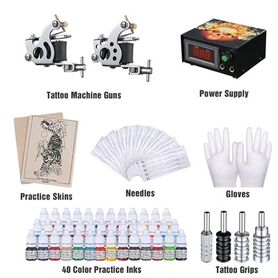 Complete Tattoo Kit 2 Machine Guns 40 Ink LCD Power Supply w/ Case for Beginners