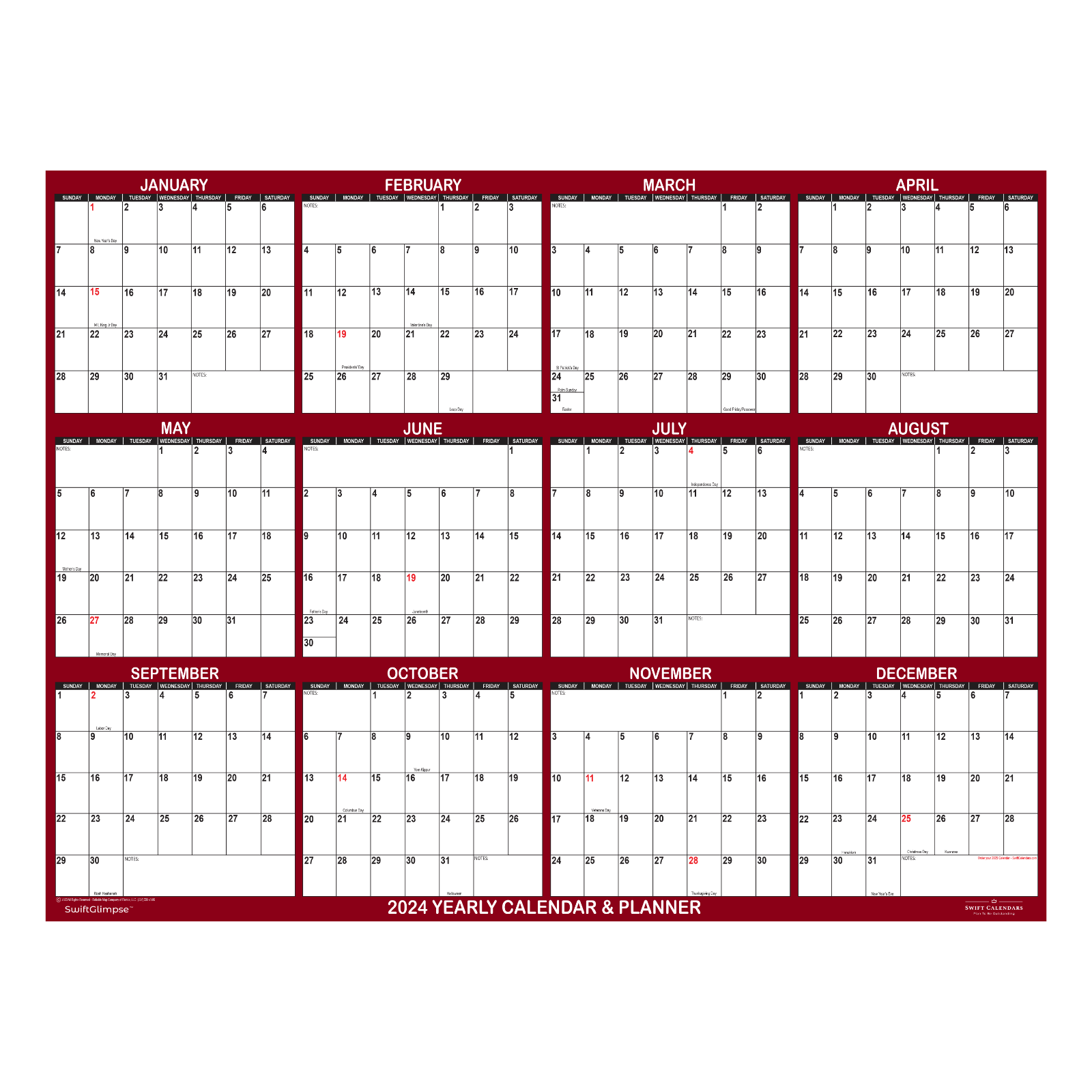 32" x 48" SwiftGlimpse 2024 Wall Calendar Erasable Yearly Wall Planner - Maroon