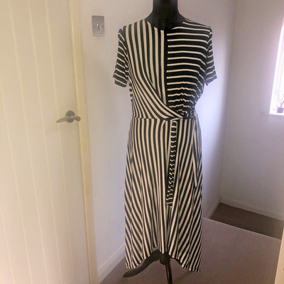 Oasis Black & White Stripe Asymmetric Hem Midi Jersey Dress Medium *bnwt*