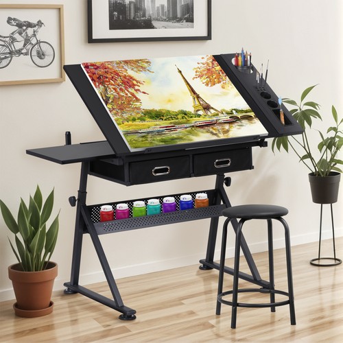Adjustable Drafting Table Tilting Tabletop Art Craft Desk with 2 Drawers, Stool