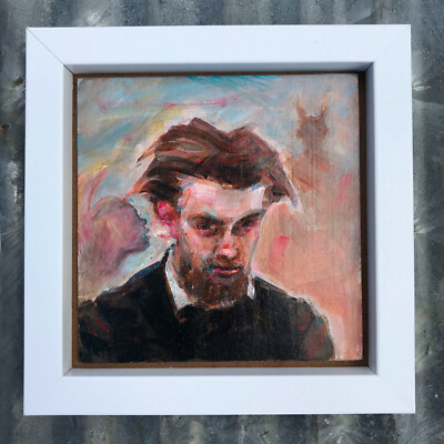 Thought Clouds   Original Painting Art Framed 4.5x4.5''   psychology ego conflict