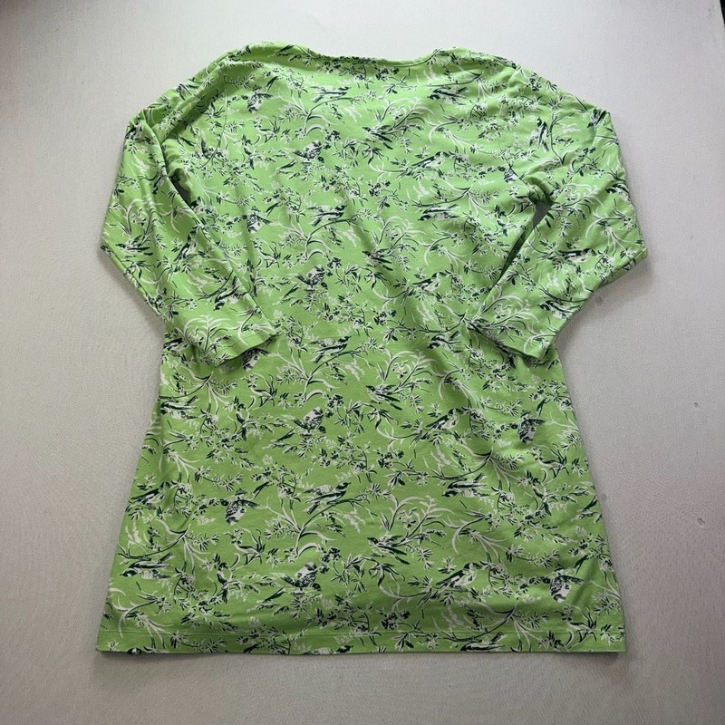 Lands' End Green Bird and Floral Print Long Sleeve Split Neck Tunic Top