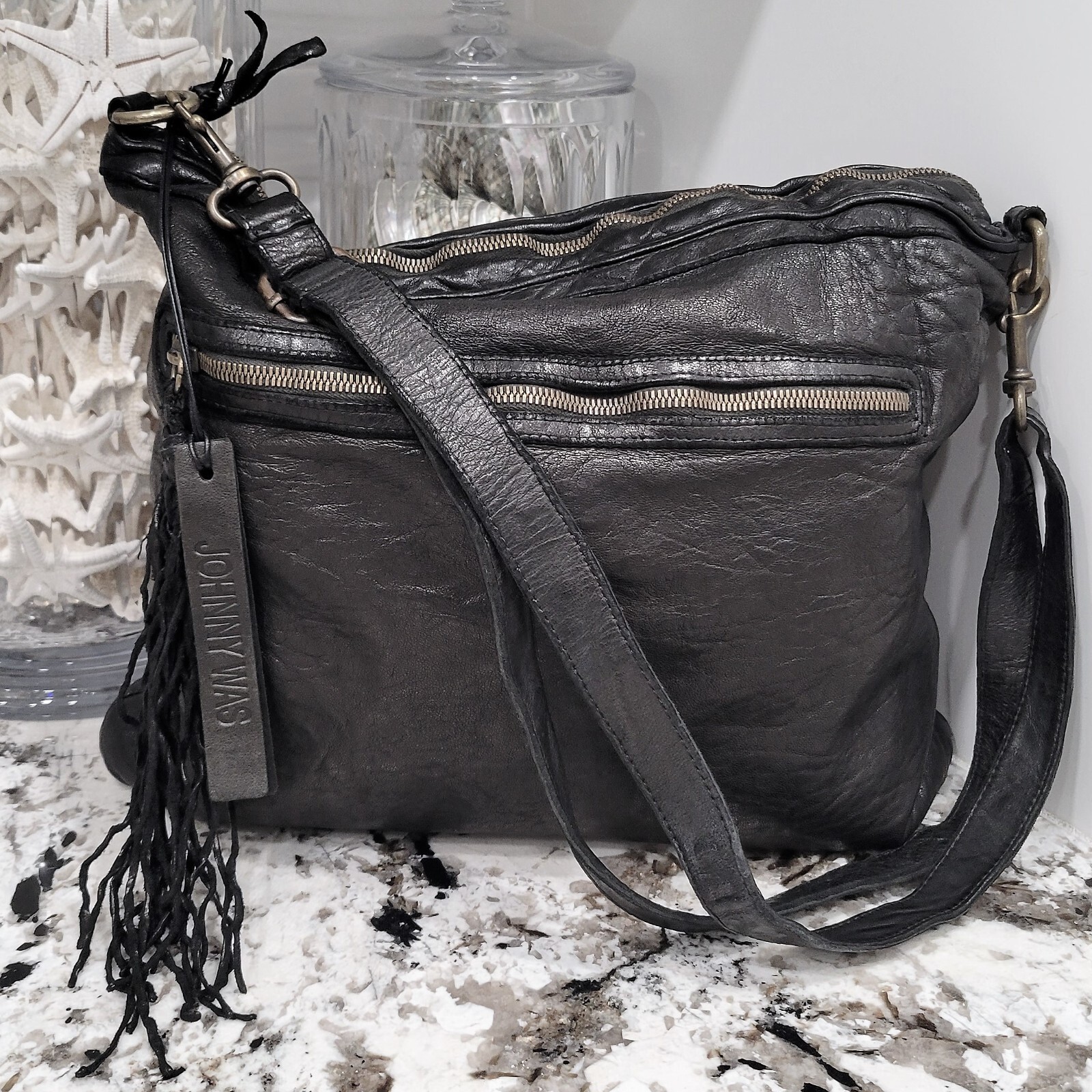 Johnny Was Allegra Washed Leather Crossbody Shoulder Bag Black $368 NWT NEW