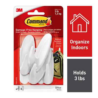 Command Designer Hooks Value Pack, White, Medium, 4 Hooks, 8 Strips/Pack 1 Pack