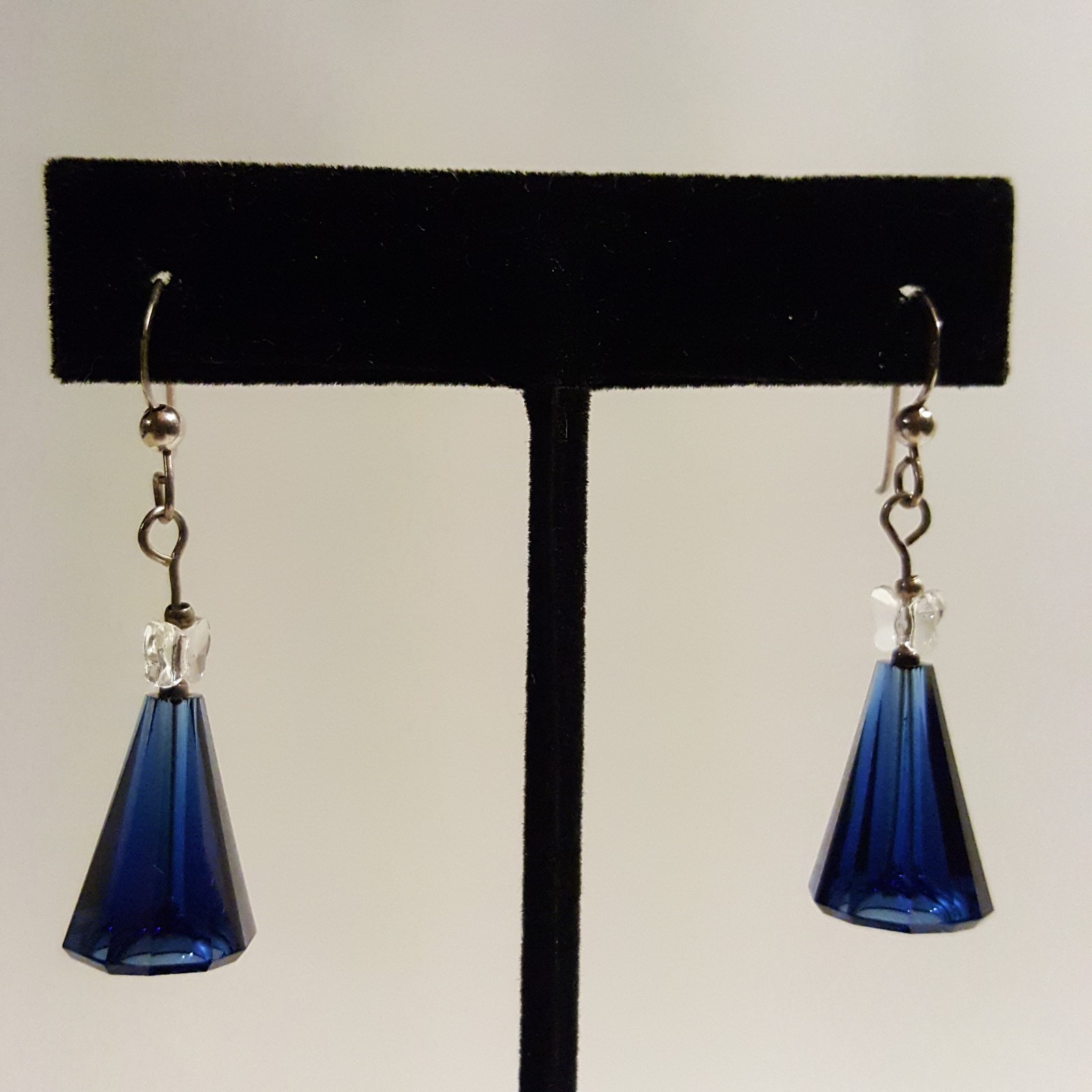 Sterling Silver .925 Blue Cone Glass Dangle Earrings Pierced
