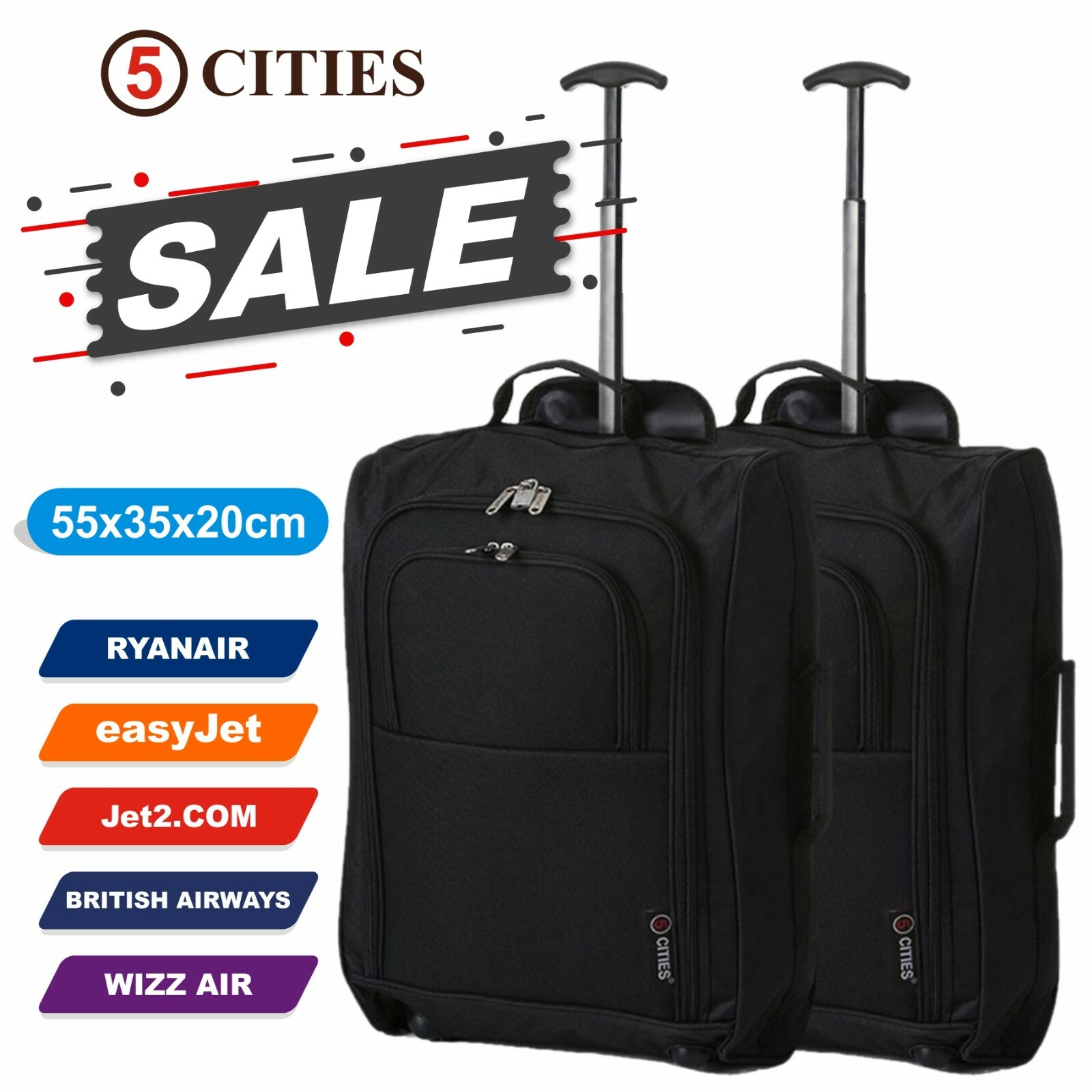 Set of 2 Ryanair easyJet 55cm Cabin Approved Hand Luggage Wheeled