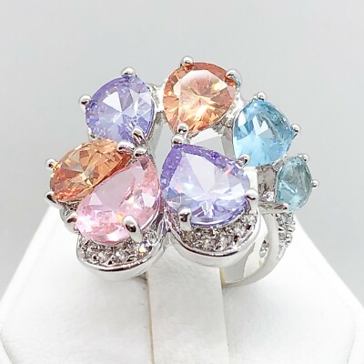 R3855 Women Fashion Jewelry White Yellow Gold Plated Birthstones Cocktail Ring
