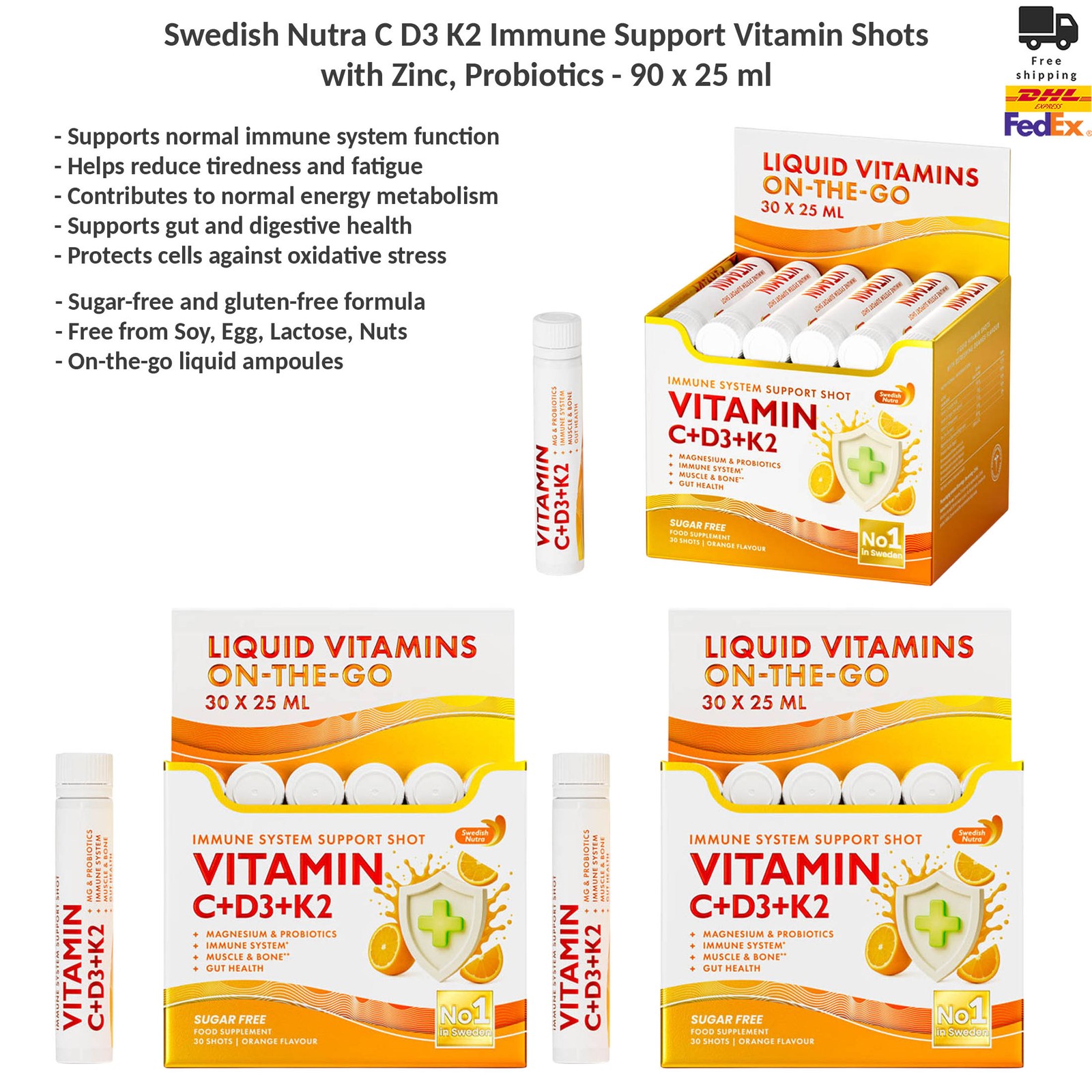 Swedish Nutra C D3 K2 Immune Support Vitamin Shots w Zinc Probiotics 90x25ml