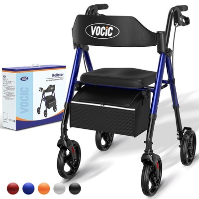 VOCIC Foldable Rollator Walker All Terrain Aluminum 8'' Wheels 300lbs Blue Senior