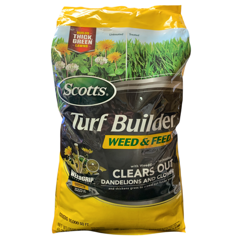 Технология Weedgrip для обработки сорняков и кормов Scotts Turf Builder занимает площадь 16 000 кв. футов, весит 45 фунтов