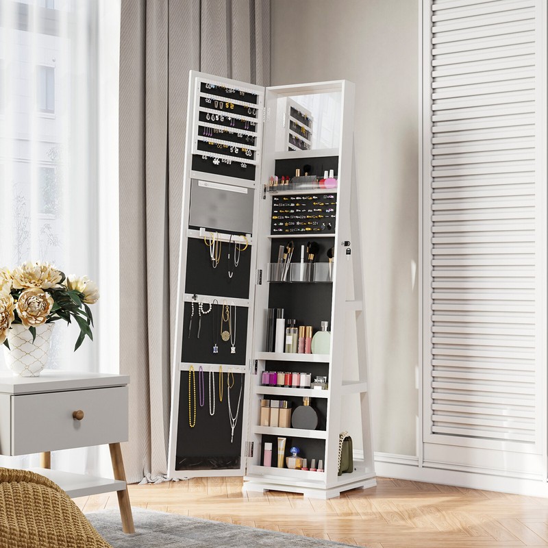 3-in-1 White Jewelry Organizer Cabinet Lockable Armoire w/Mi