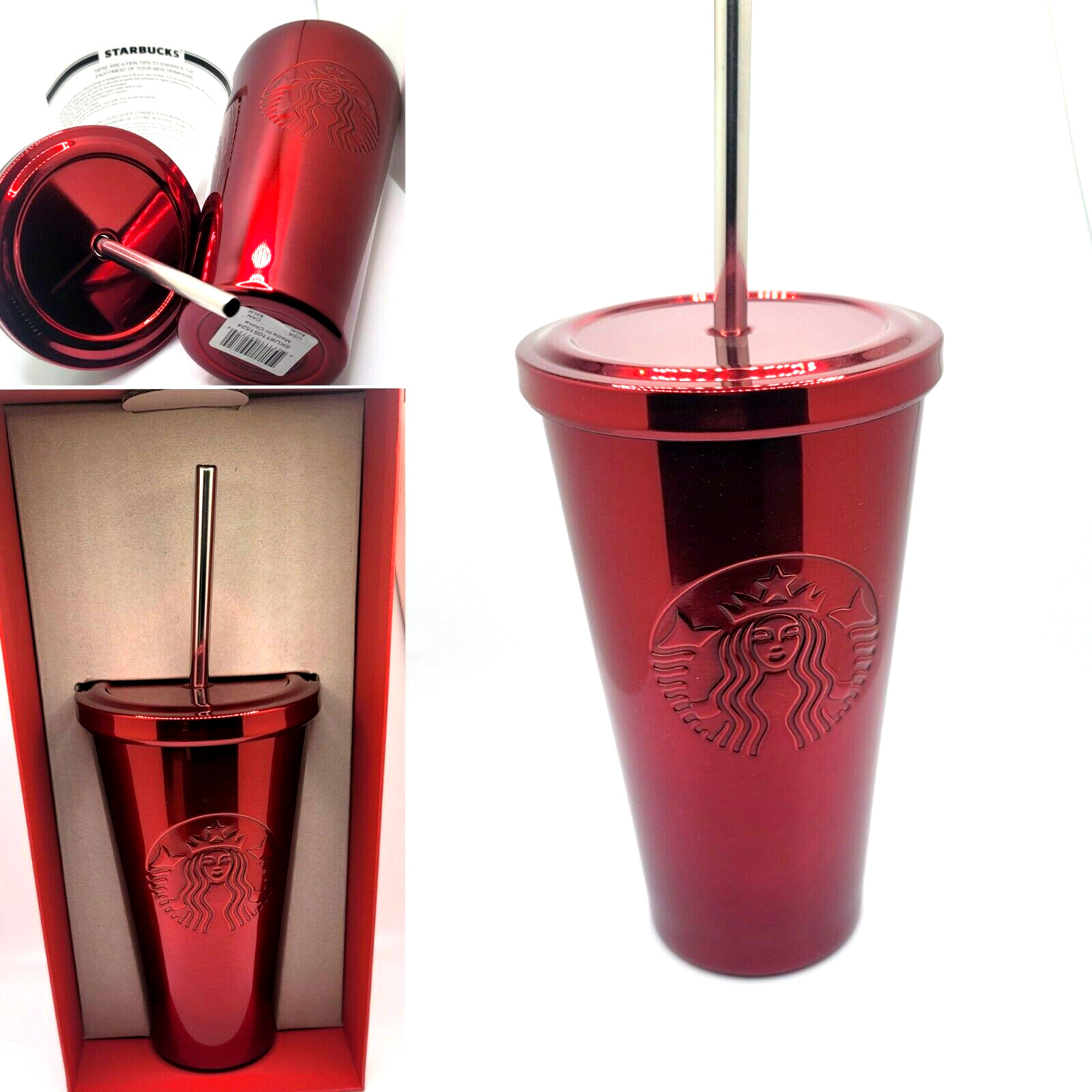 Starbucks Stainless Steel Cold Cup Red 16 fl oz Silver Straw