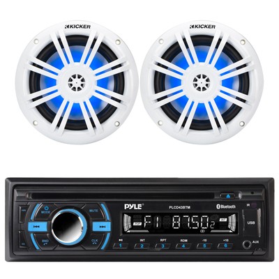 Pyle PLCD43BTM 1-DIN CD Receiver, 2x 6.5'' 150W Max Blue LED Coax Marine Speakers