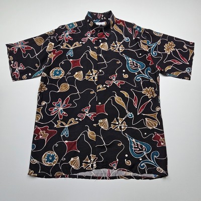 VTG Burma Bibas Mens Shirt Large Brown Blue Red Abstract Cocktails Lounge Bar L