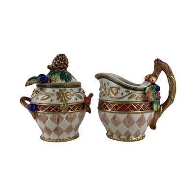 Fitz & Floyd Jolly Ole Saint Nick Creamer & Sugar Bowl with Lid & Spoon - NIB